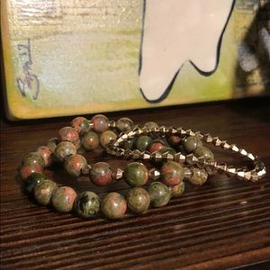 3 stackable genuine Jasper+Gold metal bracelets